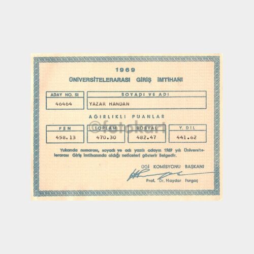 1969 Üniversiteler Arası Giriş İmtihanı Kartı