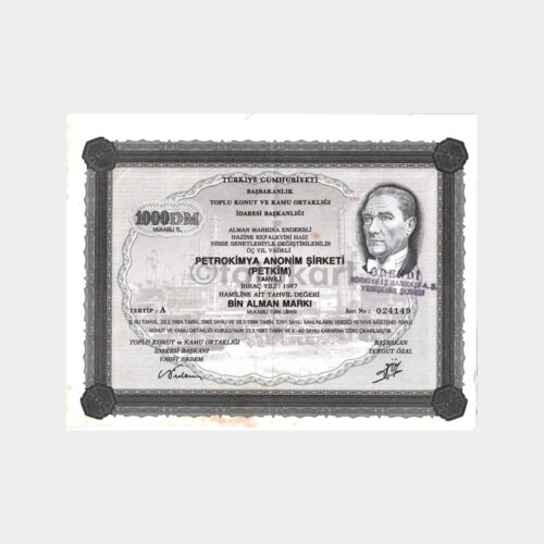 1987 1000 DM Özal Baskı İmzalı 024149 Petkim Tahvili