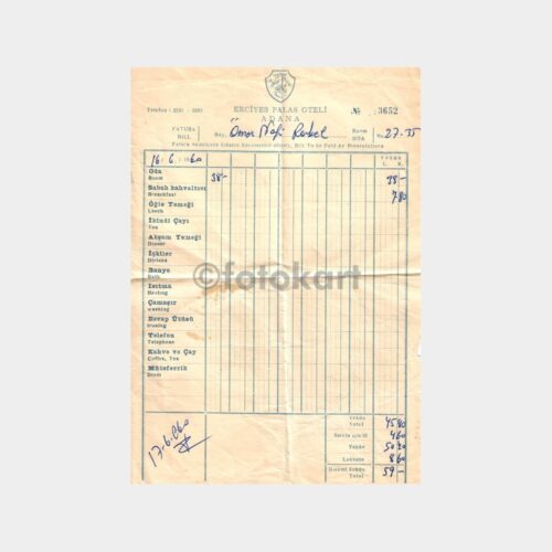 1960 Adana Erciyes Oteli Faturası