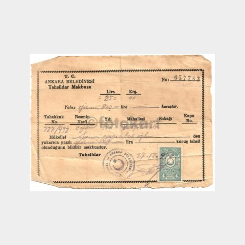 1950 Ankara Belediyesi Para Cezası Makbuzu