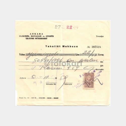 1959 Ankara Elektrik Havagazı Otobüs Makbuzu