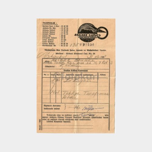 1964 Ankara Güneş Nakliye Ambarı Fişi