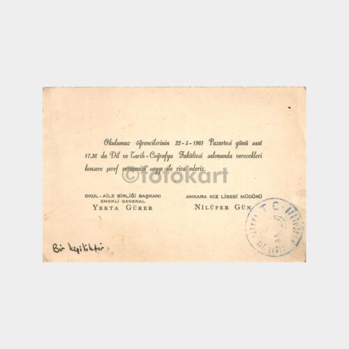 1961 Ankara Kız Lisesi Konser Davetiyesi