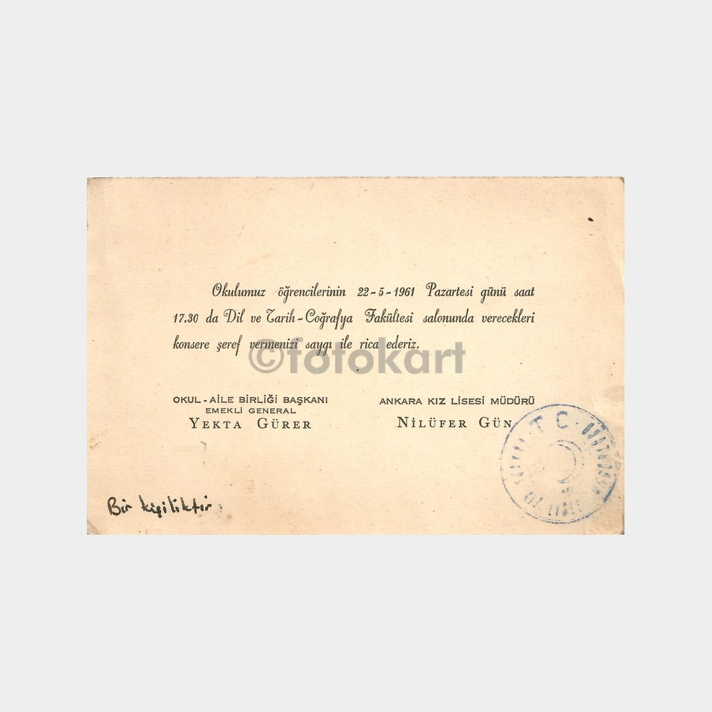 1961 Ankara Kız Lisesi Konser Davetiyesi