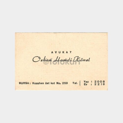 1930 Bursa Avukat -Orhan Hamdi Könel- Kartvizit