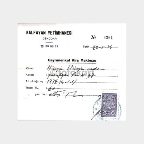 1976 Üsküdar Kalfayan Yetimhanesi Makbuzu