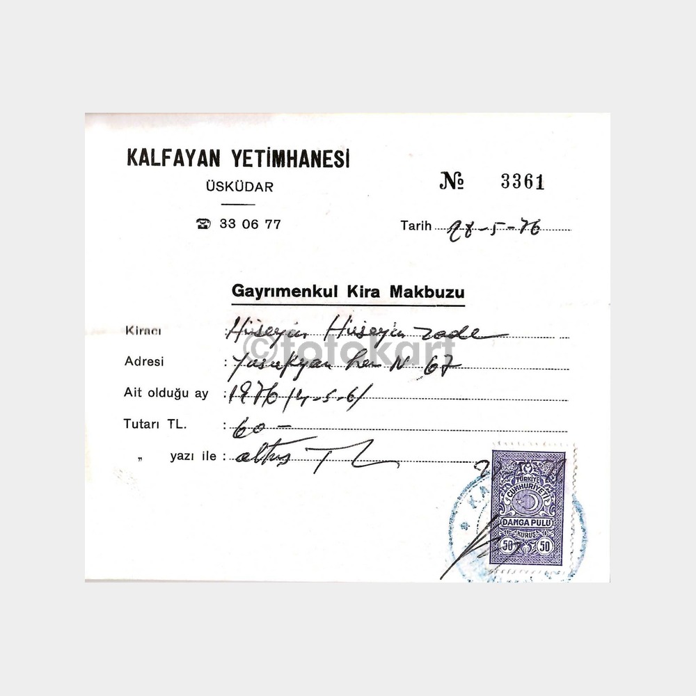 1976 Üsküdar Kalfayan Yetimhanesi Makbuzu