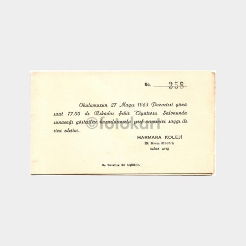 1963 Üsküdar Marmara Koleji Temsil Davetiyesi