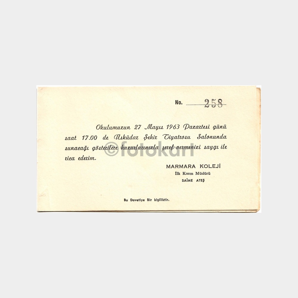 1963 Üsküdar Marmara Koleji Temsil Davetiyesi