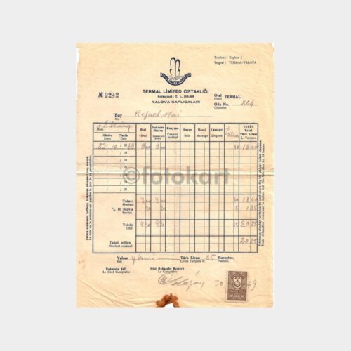 1950 Yalova Termal Kaplıca Faturası