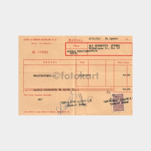 1957 Yapı Kredi Bankası Ankara Yenişehir Makbuzu