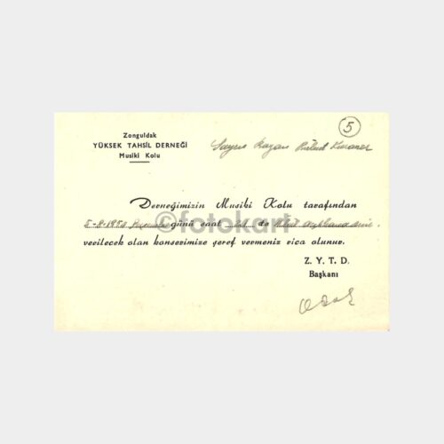 1954 Zonguldak Yüksek Tahsil Derneği Davetiyesi