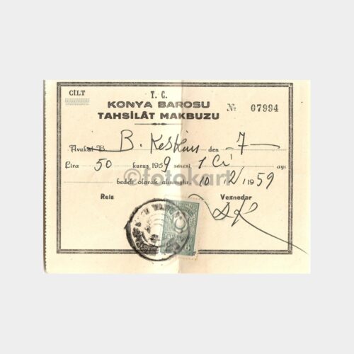 1959 Konya Barosu Makbuzu Hukuk Konulu Belge