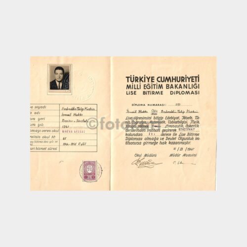1945 Konya Lisesi Bitirme Diploması
