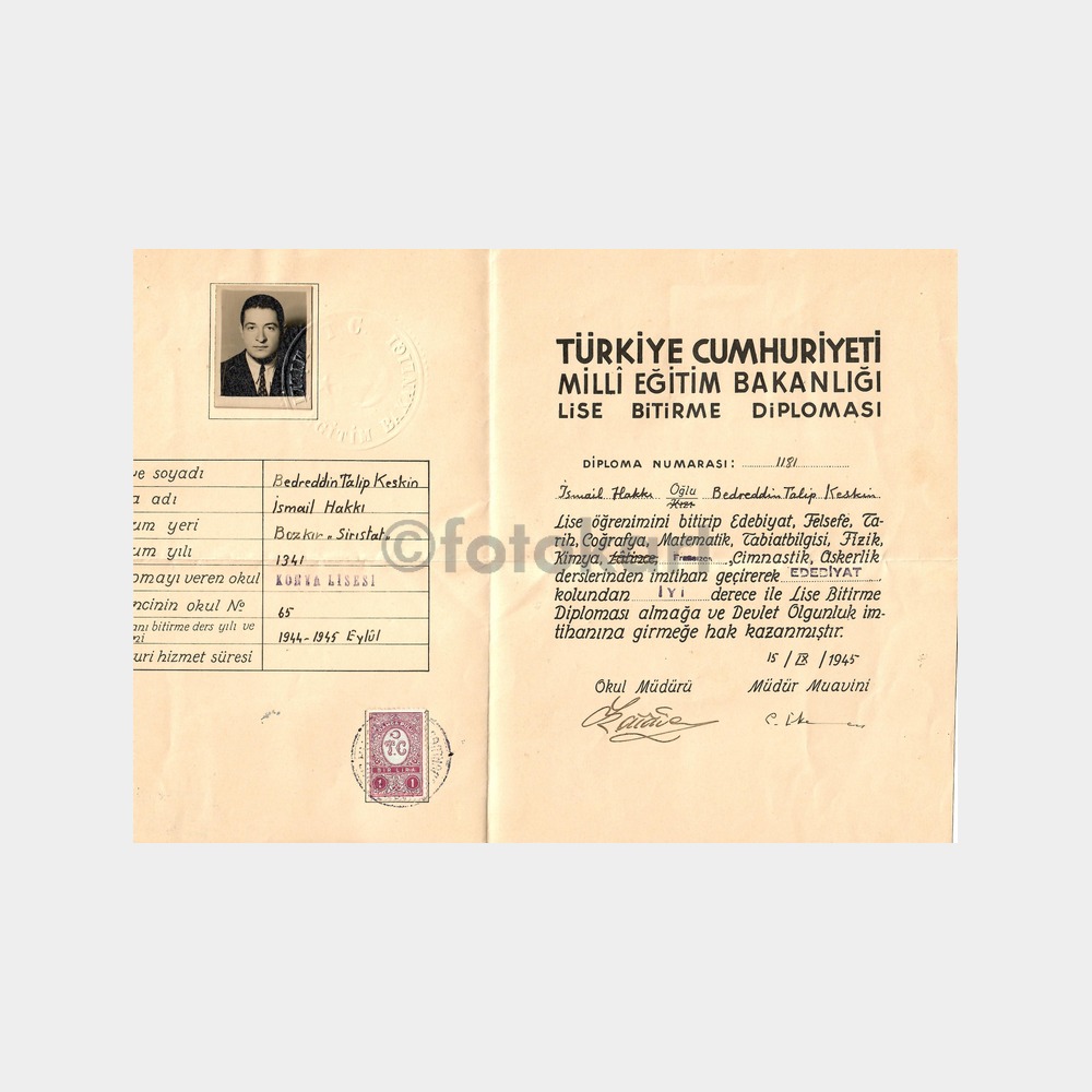 1945 Konya Lisesi Bitirme Diploması