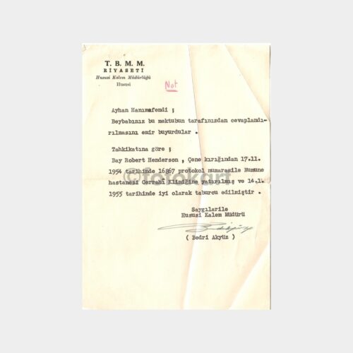 1955 T.B.M.M. Riyaseti Hususi Kalem Md Yazısı
