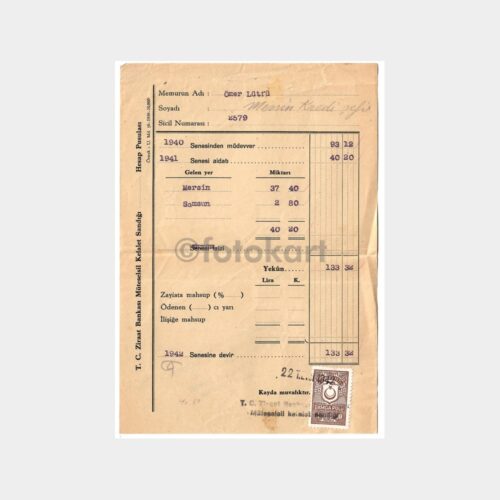 1942 Ziraat Bankası Kefalet Sandık Makbuzu